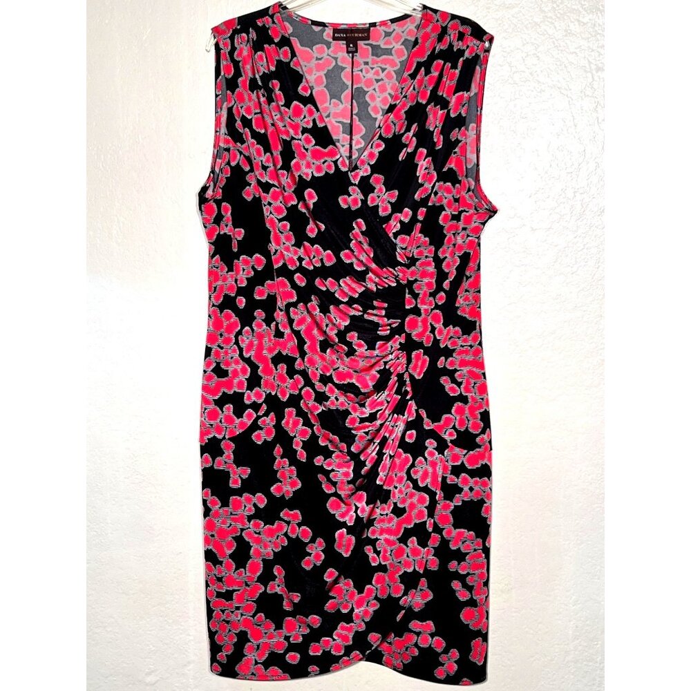 Dana Buchman XL Sleeveless Black Red Ruched Floral Dress Career Night Out - Picture 8 of 15